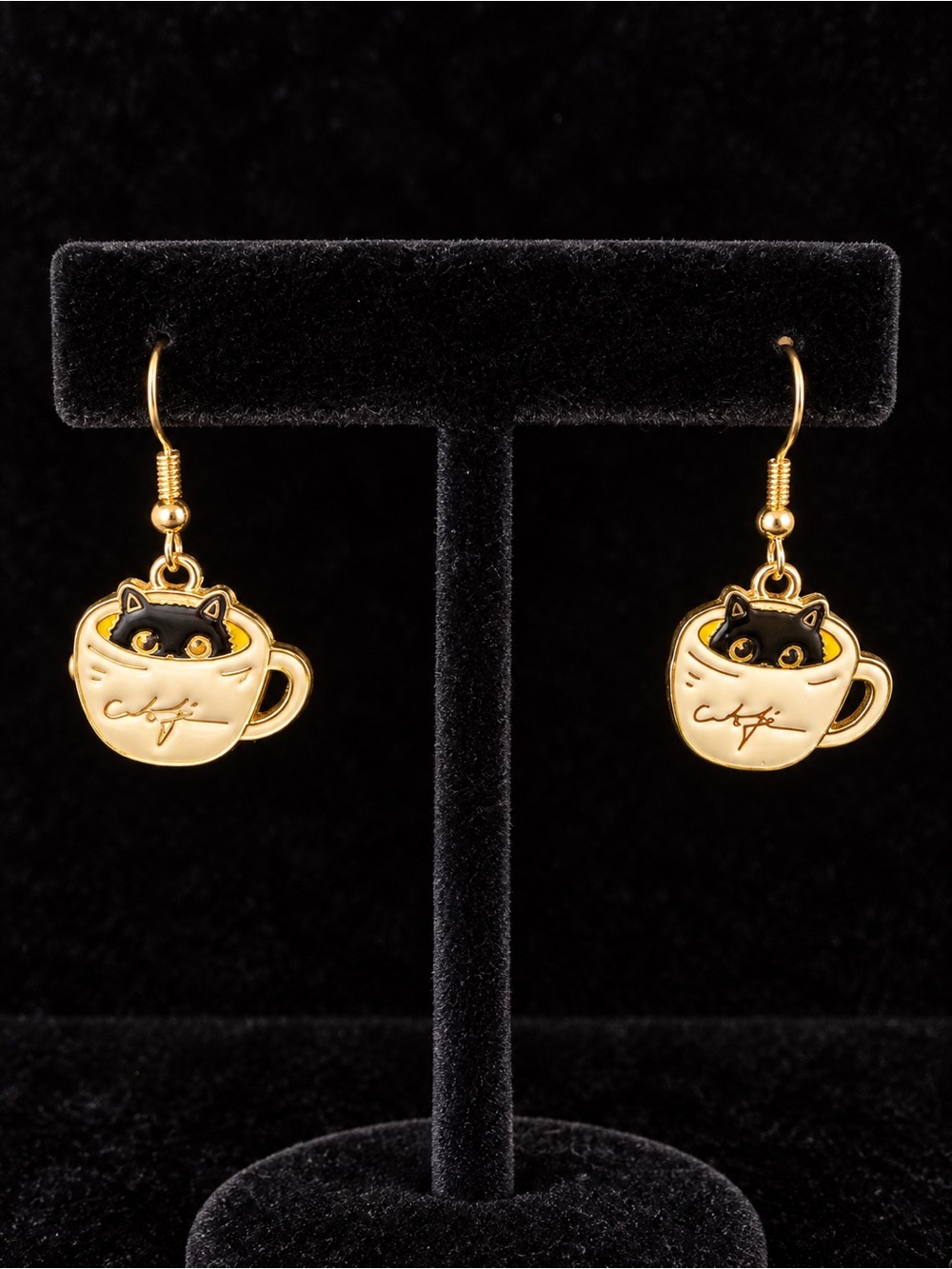 Gold and Black Cat-in-Cup Dangle Earrings